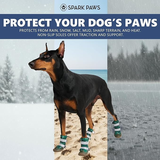 Spark Paws Dog Shoes, Waterproof Dog Boots for Medium to Large Dogs, Non Slip, Breathable Dog Booties and Paw Protectors - 4PCS Doggie Hiking Boots with Reflective Straps, Green Camo, Size 1