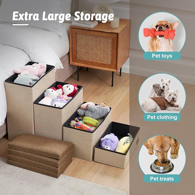 Dog Stairs with Storage, 4-Step Wider Sturdy Dog Steps for Small/Medium/Large Dogs and Older Cats, Folding Doggie Ramp for Bed/Couch/Car Hold Up to 180 lbs (22" H, Brown)