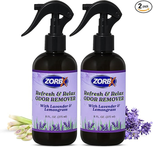 ZORBX Refresh & Relax Odor Remover Spray with Lavender & Lemongrass 8 Oz (Pack of 2) – Permanent Solution Room Freshener & Air Freshener Spray for Home, Bathroom, Furniture, Carpet, Car, Gym & Laundry