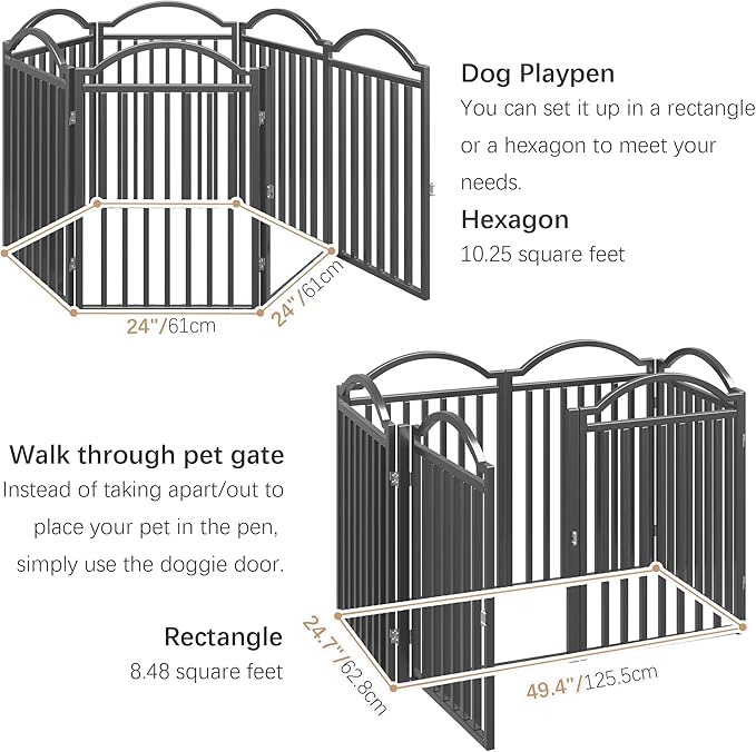 BHG Metal No-Assembly Freestanding Dog Gate with Door Walk Through, Extra Wide 144", Extra Tall 32" Pet Gate, Accordion Puppy Folding Playpen Dog Fence for Indoor & Outdoor, with 2PCS Support - Black