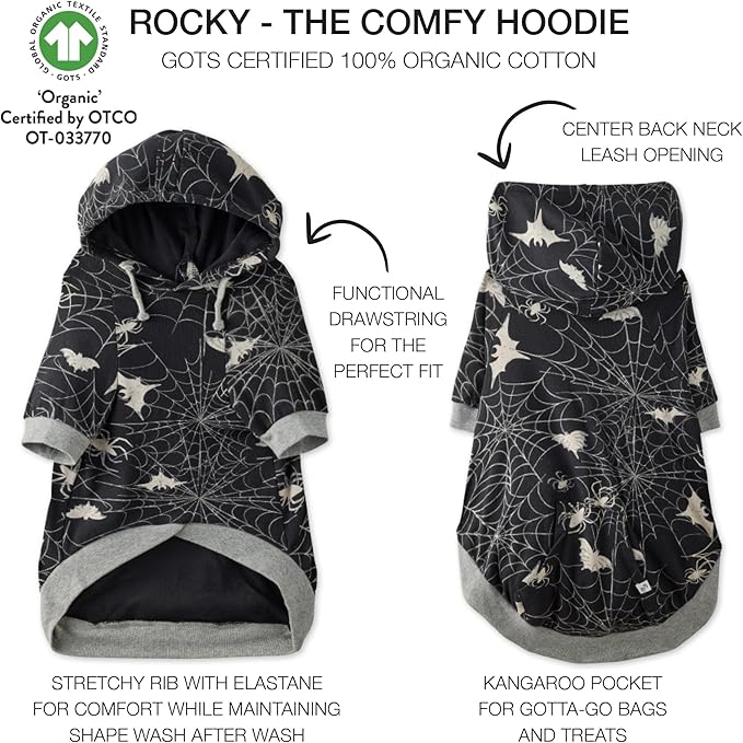 Rocky – The Orginal Lightweight Hooded TEE 100% Organic Cotton Dog Hoodie Pet Coat Sweater for Small, Medium, Large Dogs, Batty Black, XX-Small