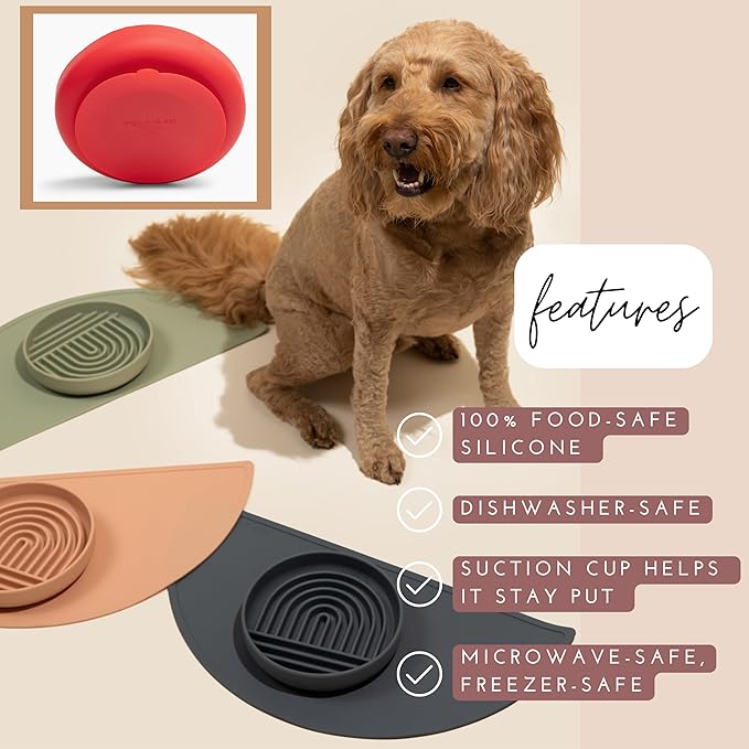 The Slowdown Bowl Silicone Slow Feeder for Dogs & Puppies, Slow Eating, Modern Lick Mat Design, Reduces Gulping, Fits 2 Cups 7.5” Across x 1.5” Tall, Mealtime Challenge, Medium-Cherry