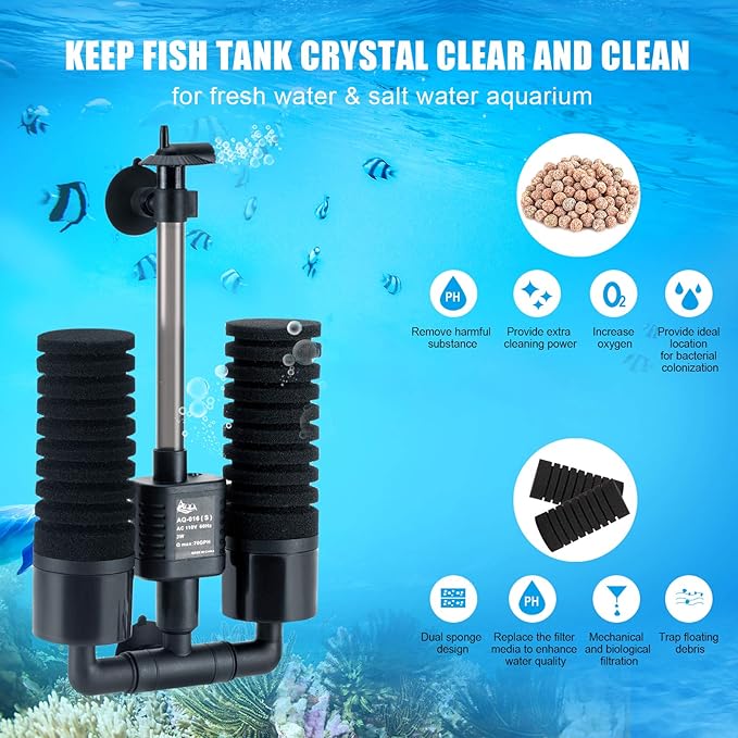 AQQA Aquarium Sponge Filter, Power Driven Double Biochemical Water Filter, Quiet Submersible Foam Filter with 2 Extra Sponges, 1 Bag of Filtered Ceramic Balls for Fresh and Salt Water Fish Tank (S)