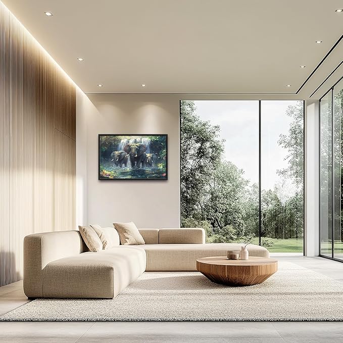 Large Elephant Wall Art for Living Room, Framed Oversized Forest Waterfall Wall Decor, Nature Landscape Canvas Painting Wildlife Artwork for Living Room Dining Room Bathroom Bedroom Office 36"x24"