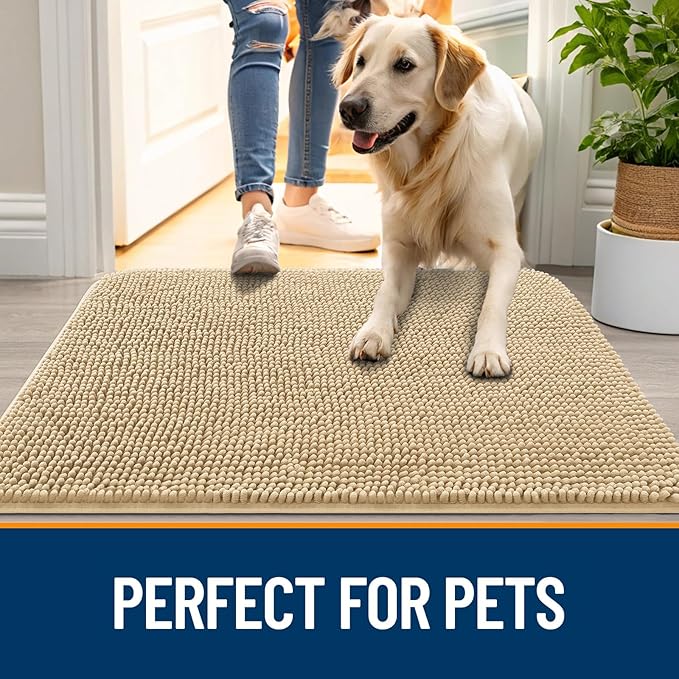 OLANLY Dog Door Mat for Muddy Paws 40x24, Absorbs Moisture and Dirt, Absorbent Non-Slip Washable Doormat, Quick Dry Chenille Mud Mat for Dogs, Entry Indoor Entryway Carpet for Inside Floor, Beige