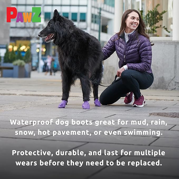 PawZ Rubber Dog Boots for Paws up to 4", 24 Total (2 Packs of 12) - All-Weather Dog Booties for Hot Pavement, Snow, Mud, and Rain - Waterproof, Anti Slip Dog Socks - Large, Purple