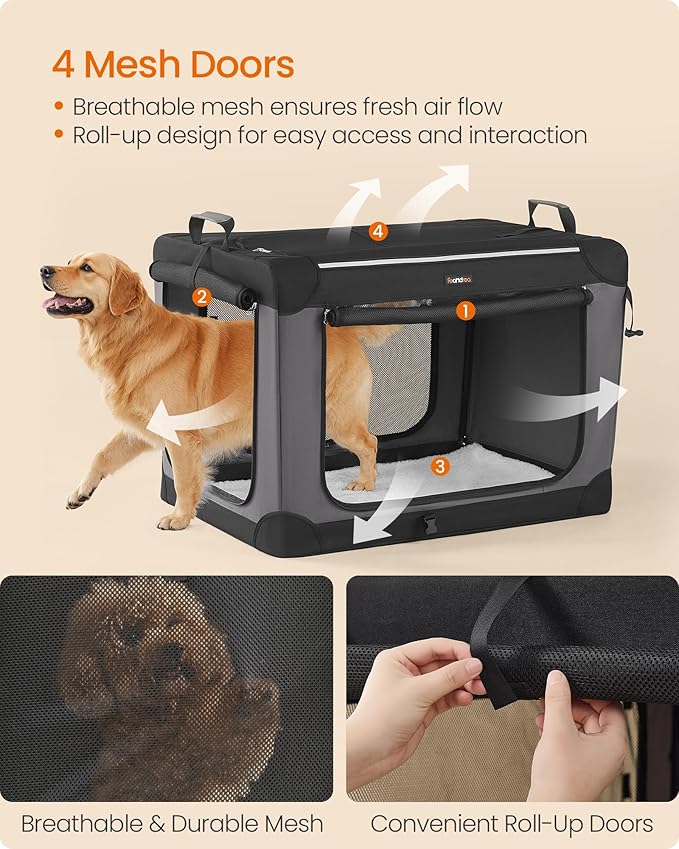 Feandrea Collapsible Dog Crate, 36-Inch Portable Dog Travel Crate for Large Dogs, Oxford Fabric Pet Carrier with 4 Mesh Doors, Handles, Storage Pocket, Water Bottle Holder, Ink Black UPDC019B01