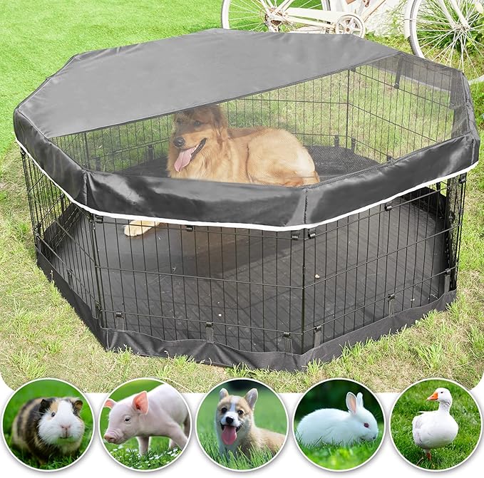 PJYuCien Dog Playpen, 8 Panels 24’’H Dog Pens Indoor with Bottom Pad and Top Cover, Metal Foldable Pet Puppy Exercise Fence Crate Kennel, Better for Small Animals,Black