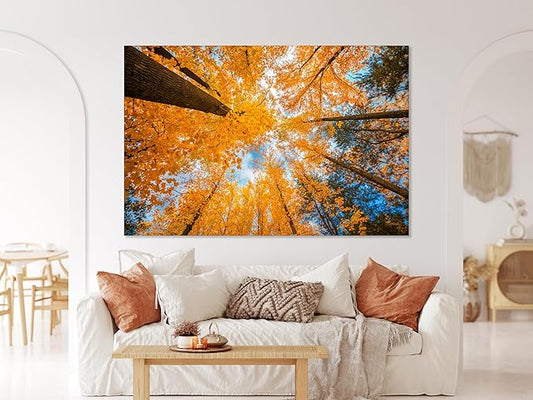 Nature Wall Art Prints - Ocean Forest Mountain Lake Canvas Landscapes - Small to Extra Large Living Room Bedroom Kitchen Bathroom Décor (Blue Sky Through Yellow Autumn Trees, 28L" x 41W")