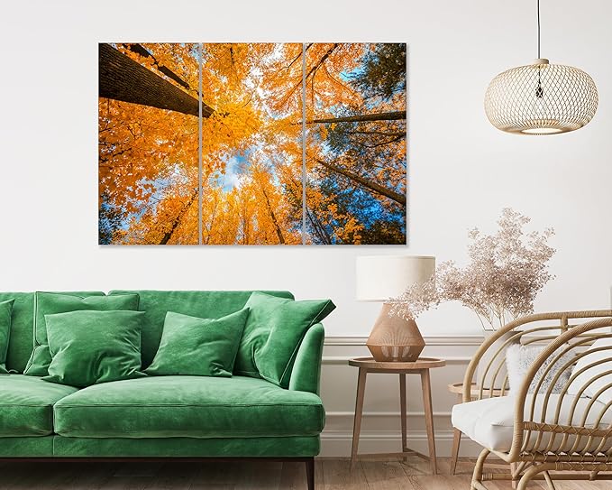 Nature Wall Art Prints - Ocean Forest Mountain Lake Canvas Landscapes - Small to Extra Large Living Room Bedroom Kitchen Bathroom Décor (Blue Sky Through Yellow Autumn Trees, 39L" x 59W" - 3 Panels)