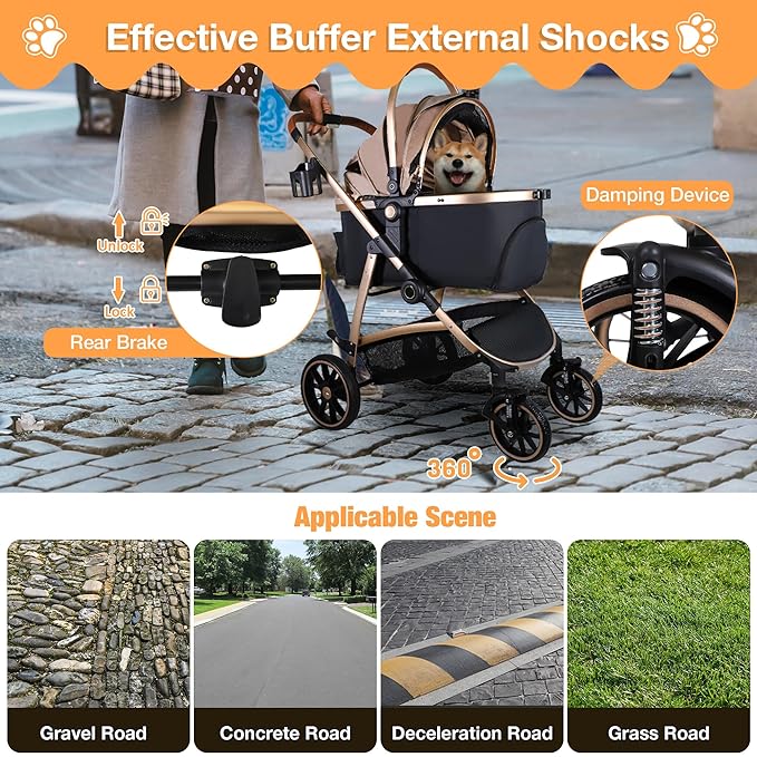 Dog Stroller for Small Medium Dogs, 3 in 1 Folding Pet Stroller Up to 33 lbs, 4 Wheels Pet Strolling Cart with Zipperless Entry, Cat Dog Travel Carrier with Cup Holder & Storage Basket