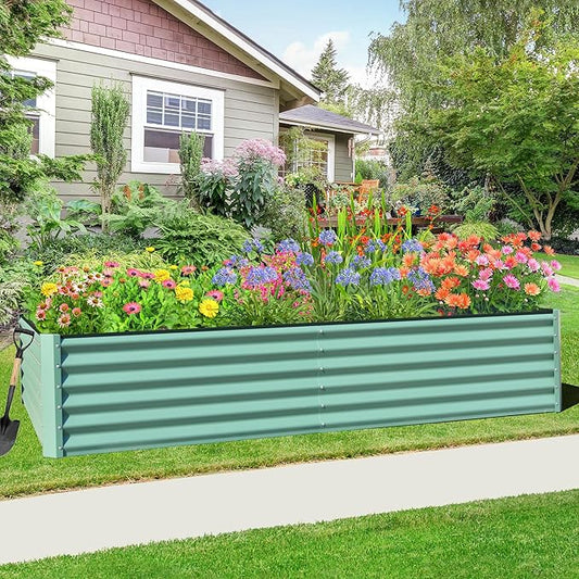 Domi Raised Garden Beds Outdoor, 8x4x1.5Ft Thickening Tall Metal Rectangular Deep Root Box Planter for Vegetables, Flowers, Herbs, and Succulents 1.5" Deep w/ 342 Gallon Capacity - Green