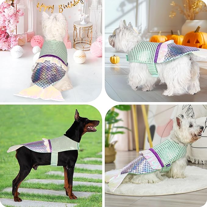 cyeollo Large Dog Costume Mermaid Dog Halloween Costumes Holiday Outfit for Big Dogs Pet Birthday Party Sparkly Clothes, Size XL