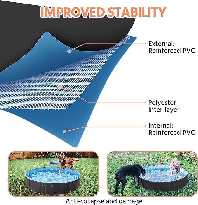 Yaheetech Black Hard Plastic Dog Pools for Small Medium Large Dogs Puppies Pet Collapsible Bath Pool Tub for Outdoor/Home Use, Pet Repair Patches Included, XL