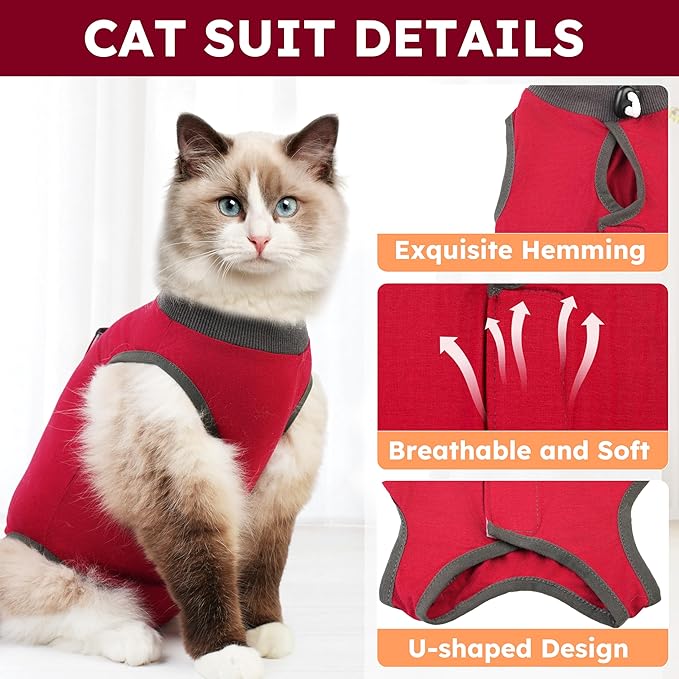 Cat Recovery Suit After Surgery, Breathable Cat Surgery Recovery Suit for Spay Abdominal Wounds or Skin Diseases, E-Collar Alternative Wear for Small Male Female Pets (Red,L)