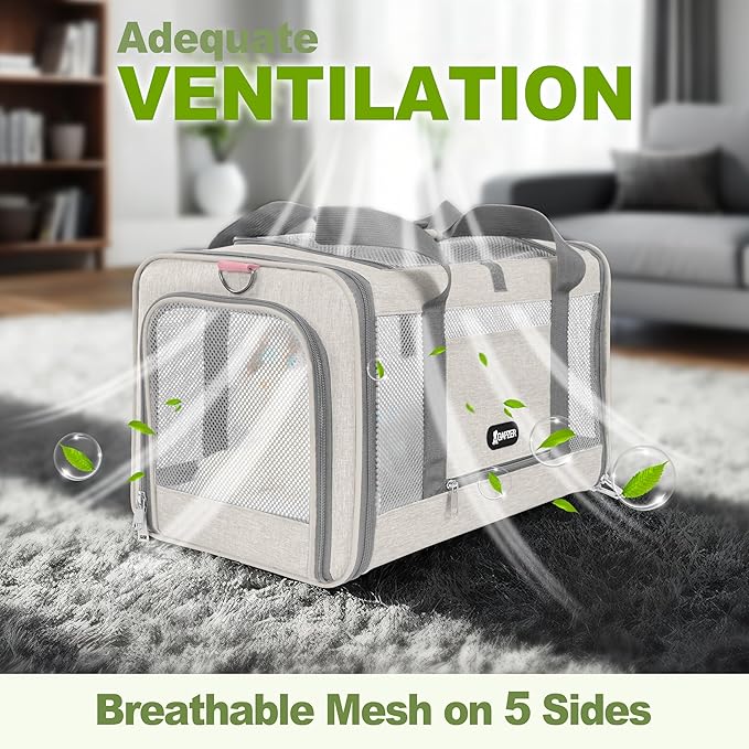 Cat Carrier American Airline Approved 18x11x11, Top Opening Sturdy Soft Pet Carrying Bag See Through, Mini Dog Hard Bottom Crate Kennel Case, 4-Side-Ventilation Mesh Cage Toy Poodle Biege