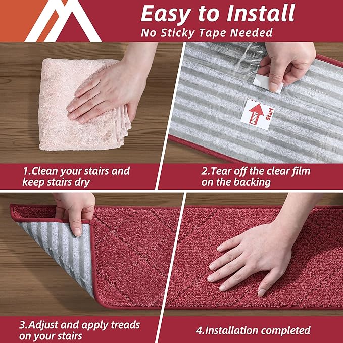 COSY HOMEER Edging Stair Treads Non-Slip Carpet Mat 28inX9in Indoor Stair Runners for Wooden Steps, Edging Stair Rugs for Kids and Dogs, 100% Polyester TPE Backing (15pc, Red)