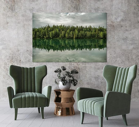 Nature Wall Art Prints - Ocean Forest Mountain Lake Canvas Landscapes - Small to Extra Large Living Room Bedroom Kitchen Bathroom Décor (Forest Reflection, 16L" x 24W")