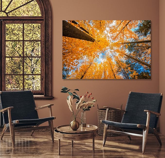 Nature Wall Art Prints - Ocean Forest Mountain Lake Canvas Landscapes - Small to Extra Large Living Room Bedroom Kitchen Bathroom Décor (Blue Sky Through Yellow Autumn Trees, 24L" x 36W")