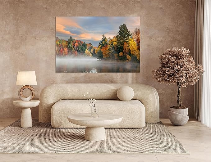 Nature Wall Art Prints - Ocean Forest Mountain Lake Canvas Landscapes - Small to Extra Large Living Room Bedroom Kitchen Bathroom Décor (Misty Fall Reflection, 20L" x 30W")