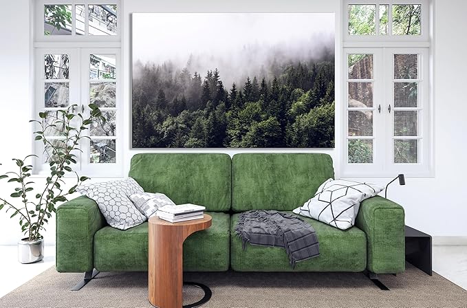 Nature Wall Art Prints - Ocean Forest Mountain Lake Canvas Landscapes - Small to Extra Large Living Room Bedroom Kitchen Bathroom Décor (Foggy Pine Forest, 31L" x 47W")