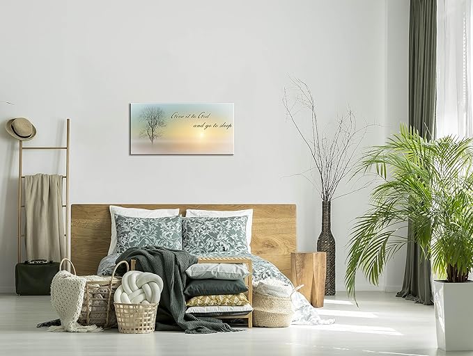 Lasdel Canvas Wall Art of Misty Sunset & Tree Plant Picture For Bedroom Home Above Bed, White Country Wood Sign For Bathroom, Give It To God & Go to Sleep Artwork Decor, Inner Frame 20x40 Inches