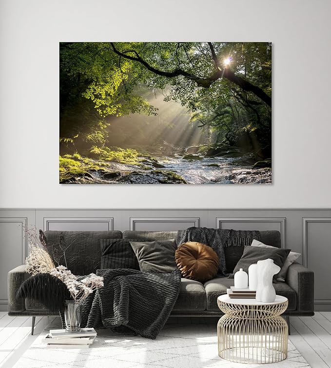 Nature Wall Art Prints - Ocean Forest Mountain Lake Canvas Landscapes - Small to Extra Large Living Room Bedroom Kitchen Bathroom Décor (Rocky River in the Woods, 20L" x 30W")