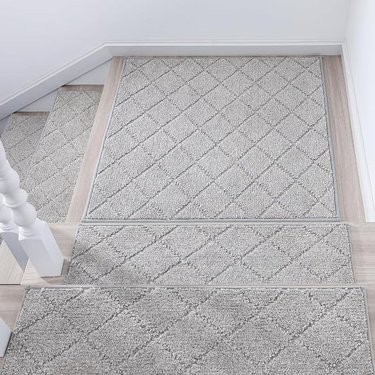COSY HOMEER Edging Stair Treads Non-Slip Corner Indoor Stair Runners for Wooden Steps,Landing Slip Resistant Stair Rugs Mat for Kids and Dogs,100% Polyester TPE Backing,Grey,30x30 inch