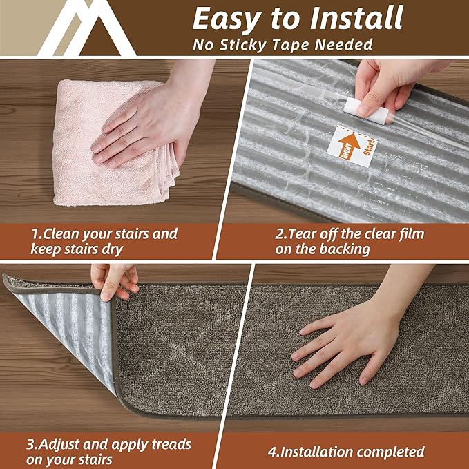 COSY HOMEER Stair Treads for Wooden Steps 9"x28" Washable Indoor Carpet Stair Treads Non Slip Soft Polyester Stair Carpet Tread Reusable Stair Runner Rugs for Kids, Elders,Pets,Light Brown,10pcs