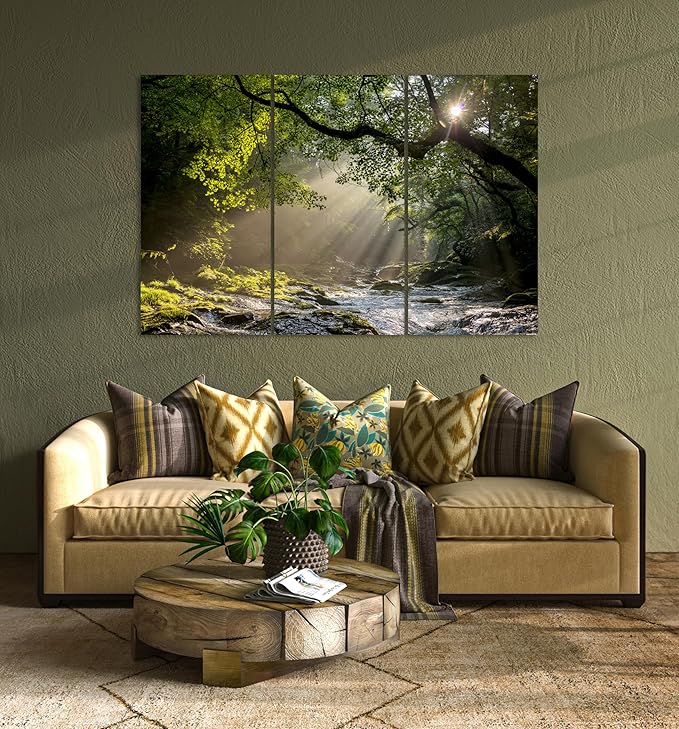 Nature Wall Art Prints - Ocean Forest Mountain Lake Canvas Landscapes - Small to Extra Large Living Room Bedroom Kitchen Bathroom Décor (Rocky River in the Woods, 35L" x 53W" - 3 Panels)