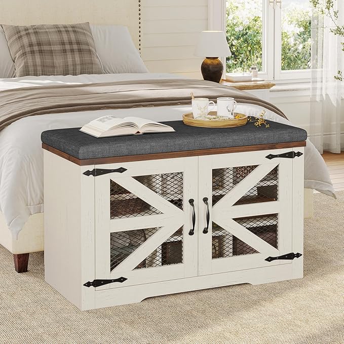 Farmhouse Storage Bench with Cushion, Metal and Wood Shoe Rack Organizer, Adjustable Shelf, Shoe Cabinet with Half Hidden Storage Space, for Entryway, Bedroom, Living Room (Old White, 31.4in)