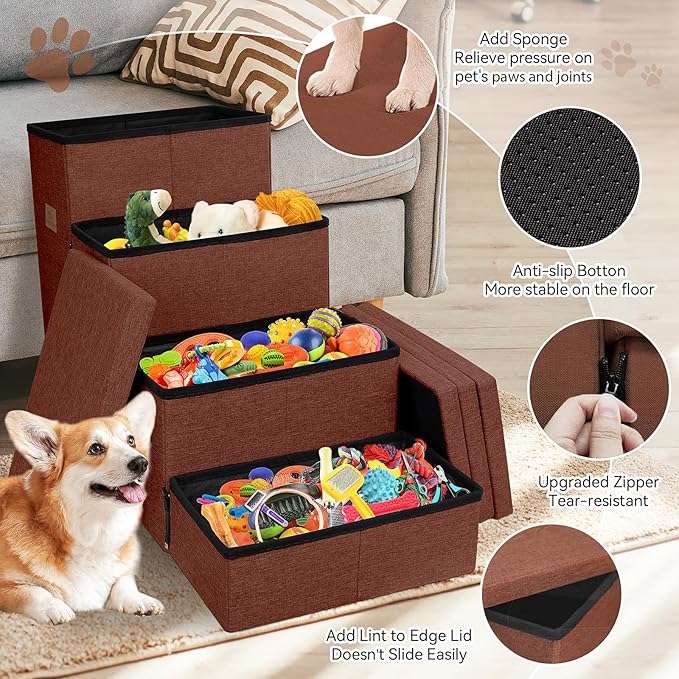 Dog Stairs with Condo 23" H, 4-Step Wider Dog Steps for High Beds Window, Folding Storage Pet Stairs Gift for Small/Medium/Large Old Dogs Cats, Ramp for Climbing Car Hold Up to 200 lbs, Brown