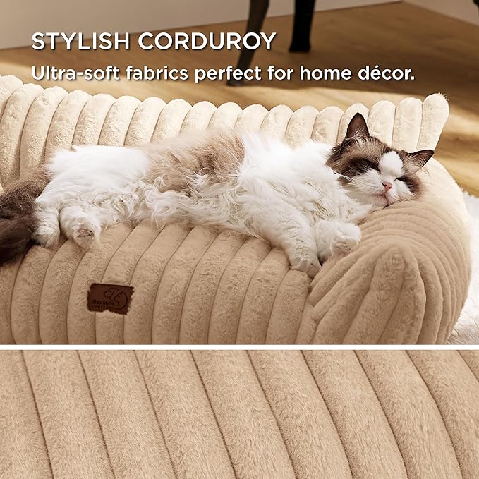 Bedsure Cute Cat Couch for Pets - Fluffy Cat Sofa with Premium Soft Corduroy Fleece, Fuzzy Pet Couch Bed with Removable Washable Cover, Supportive Pet Chair for Indoor Cats, 24inch, Tuscan Beige