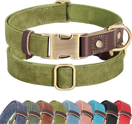 Didog Soft PU Leather Dog Collar for Large Dogs,Classic Adjustable Dog Collars with Quick Release Metal Buckle,Easy Clean and Comfortable with Nylon Lining,Olive Green,L Neck 15-23"