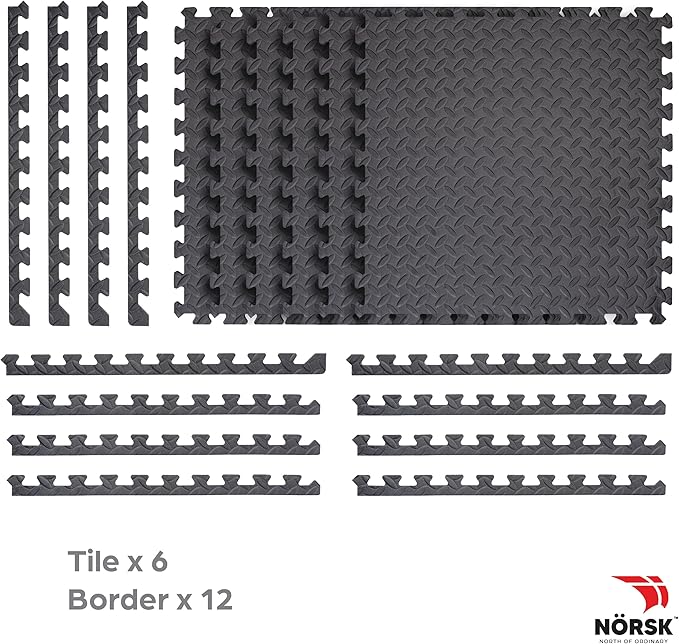 Norsk Foam Floor Gym Mats with Interlocking Tiles, .47" Thick, 24"x24", 48-Pack, 192 Square Feet, Diamond Plate Design, Grey