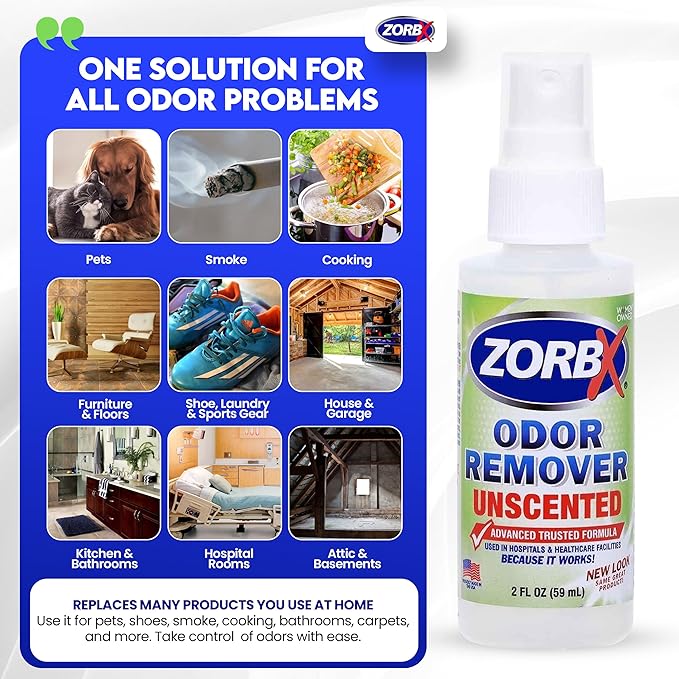 ZORBX Unscented Odor Eliminator for Strong Odor 2 Fl Oz Pack of 5 - Used in Hospitals & Healthcare Facilities - Advanced Formula, Fast-Acting Odor Remover Spray for Dog, Cat, House & Carpet