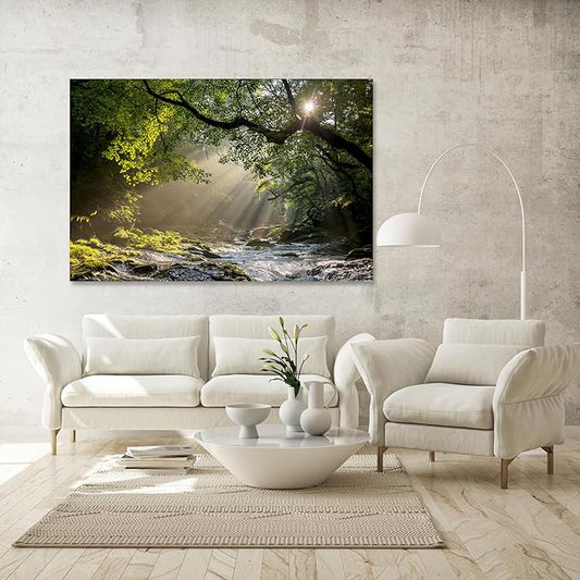 Nature Wall Art Prints - Ocean Forest Mountain Lake Canvas Landscapes - Small to Extra Large Living Room Bedroom Kitchen Bathroom Décor (Rocky River in the Woods, 31L" x 47W")