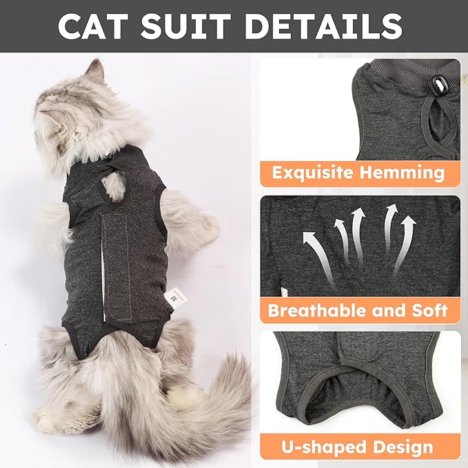 Cat Recovery Suit for Spay Abdominal Wounds, Kitten Onesie Bodysuit for Cats After Surgery, Cat Surgery Recovery Suit Female Cone of Shame Alternative for Cats Anti Licking (Dark Grey,S)