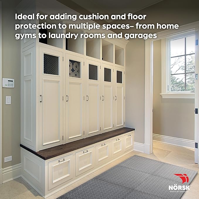 Norsk Foam Floor Gym Mats with Interlocking Tiles, .47" Thick, 24"x24", 18-Pack, 72 Square Feet, Diamond Plate Design, Grey