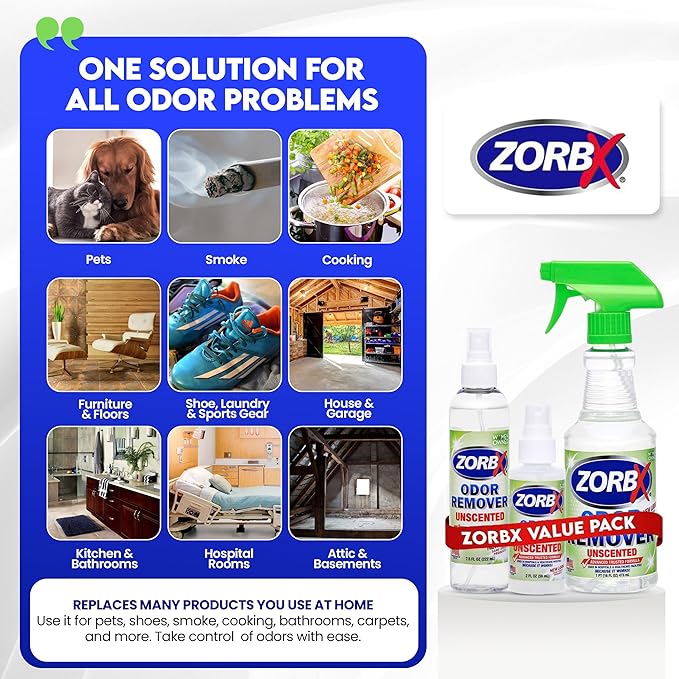 ZORBX Unscented Odor Eliminator for Strong Odor 16 Oz + 7.5 Oz + 2 Oz - Used in Hospitals & Healthcare Facilities - Advanced Formula, Fast-Acting Odor Remover Spray for Dog, Cat, House & Carpet