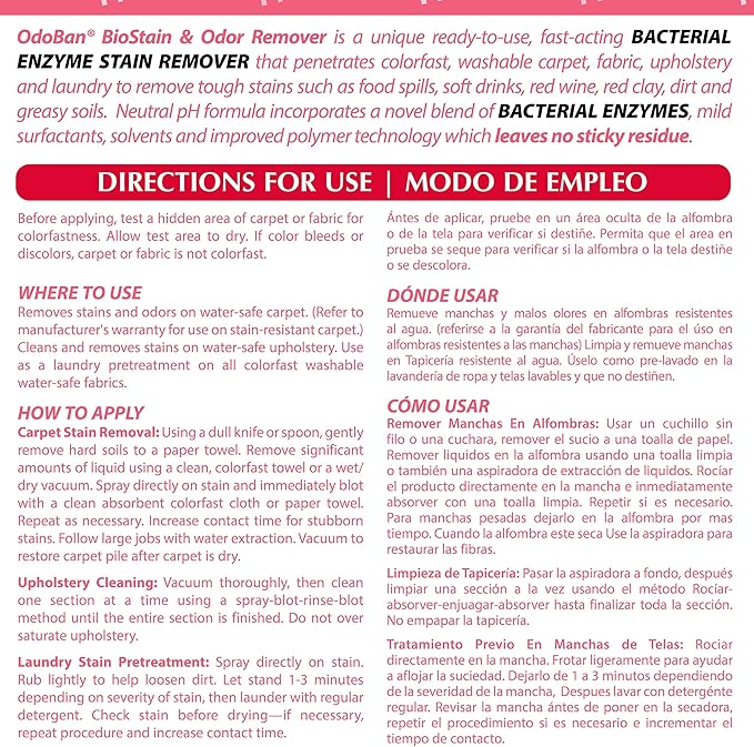 OdoBan Professional Cleaning and Odor Control Solutions, Ready-to-Use Biostain and Odor Remover, Made in the USA, 2 Gallons