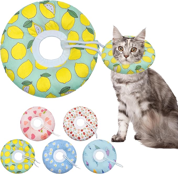 Cat Cone Collar Soft, Adjustable Cat Recovery Collars Kitten Cones to Stop Licking, Cute Donut E Collar After Surgery, Soft Cone Elizabethan Collar for Kittens (Green Lemon, Medium)