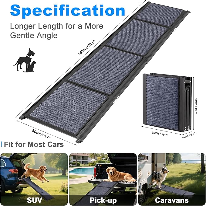 AQUILLA Dog Ramp for Car, 71" Extra Long Folding Dog Ramp, Anti-Slip Felt Surface, Lightweight Pet Ramps for Large Dogs, Portable Outdoor Dog Car Ramp for SUV, Truck, Up to 250LBS (71" L x 19.7" W)