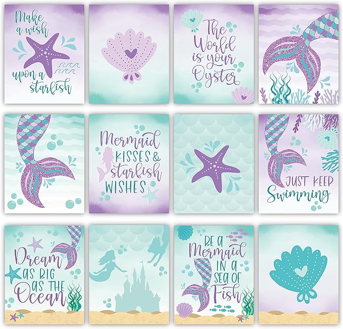 Hadley Designs 6 Mermaid Wall Decor – Reversible Magical Mermaid Wall Art for Nursery & Bathroom, Under the Sea Unframed Ocean-Themed Room Decor Prints for Girls' Bedroom