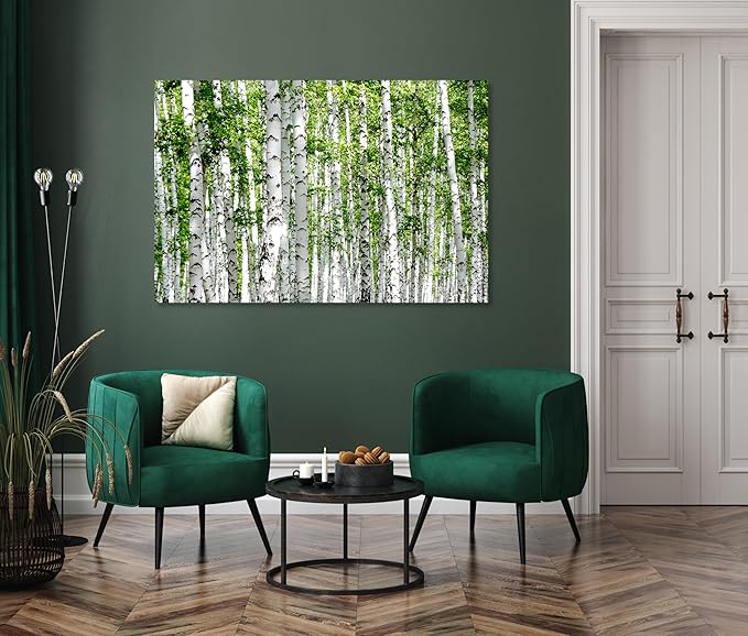 Nature Wall Art Prints - Ocean Forest Mountain Lake Canvas Landscapes - Small to Extra Large Living Room Bedroom Kitchen Bathroom Décor (Green Brich Trees, 31L" x 47W")