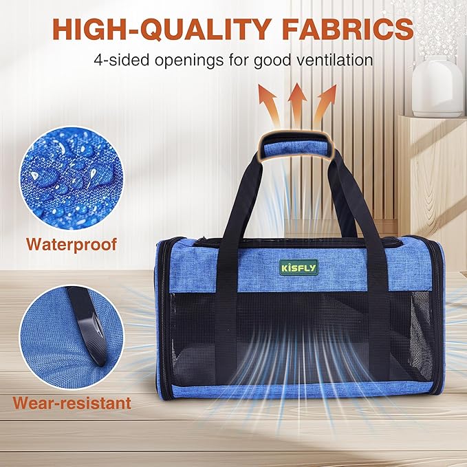 TSA Approved Pet Carrier in Cabin, 17"x11"x9.5" Soft Cat Carriers for Small Cats up to 12 lb, Top-Open Portable Dog Carrier with Litter Box and Anti-Scratch Mesh for Puppy up to 10 lb, Blue