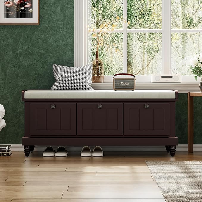 Classic Shoe Storage Bench with Cushion and Three Drawers, Fluted Entryway Bench with Storage for Entryway, Living Room, Hallways 44.0" L x 15.9" W x 18.9" H Espresso