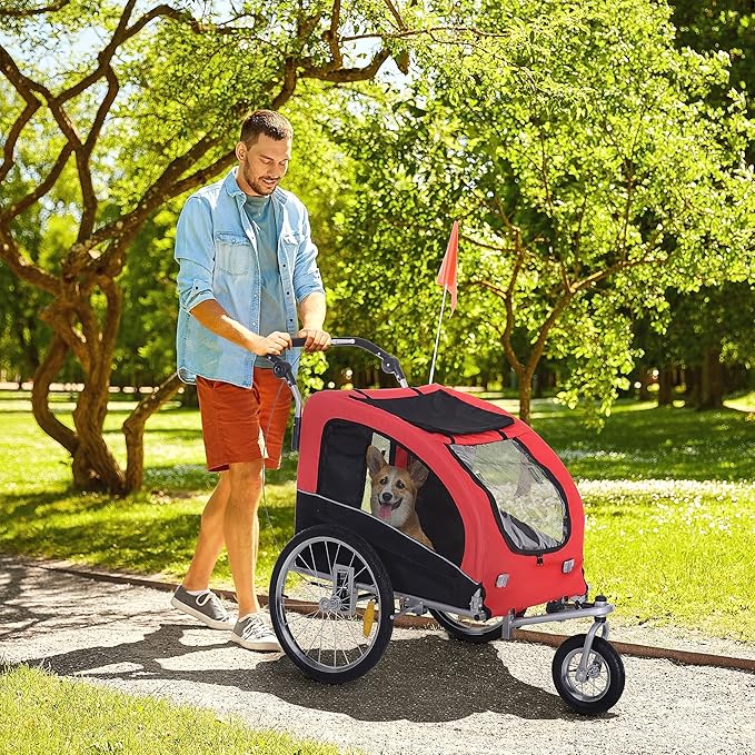 Aosom Dog Bike Trailer 2-in-1 Pet Stroller with Canopy and Storage Pockets