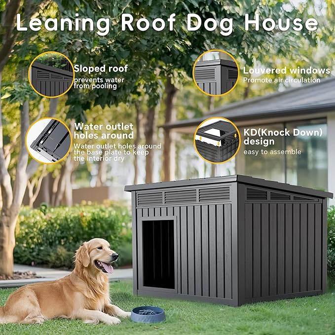 Dog House Indoor Outdoor,Resin Waterproof Puppy Shelter with Air Vents and Elevated Floor,Air Rod on Top to Open,Dog Kennel for Small to Medium Dogs(Black,32.2 * 25.12 * 24.13)