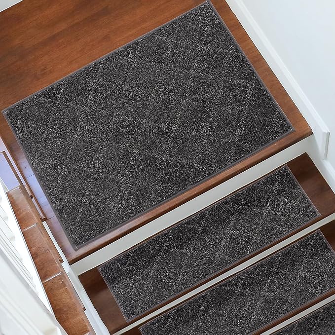 COSY HOMEER Edging Stair Treads Non-Slip Corner Indoor Stair Runners for Wooden Steps,Landing Slip Resistant Stair Rugs for Kids and Dogs, 100% Polyester TPE Backing,Black,20"X32"